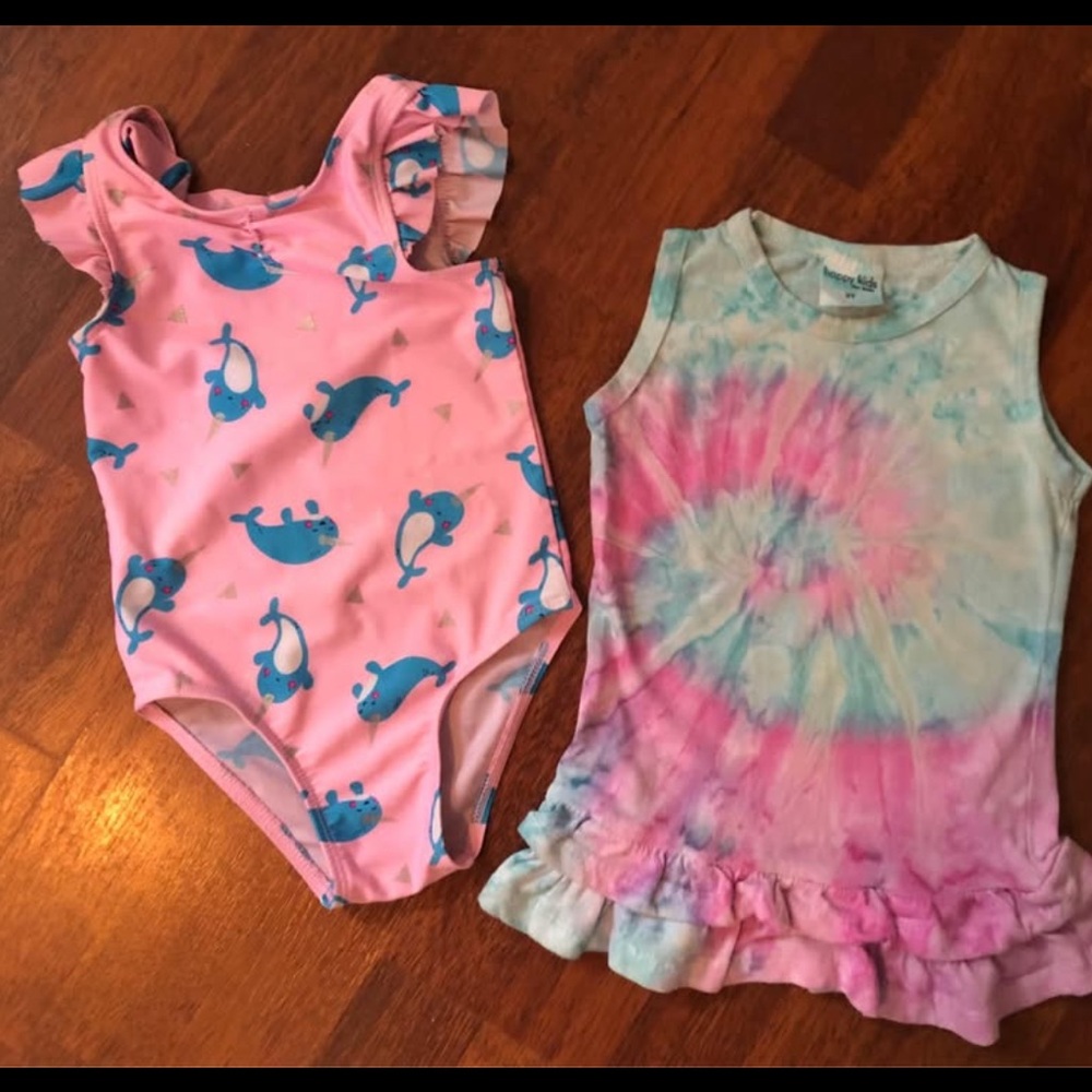 2T Cat & Jack Pink One-Piece Swimsuit Blue Dolphin Print & Tie-Dyed Coverup